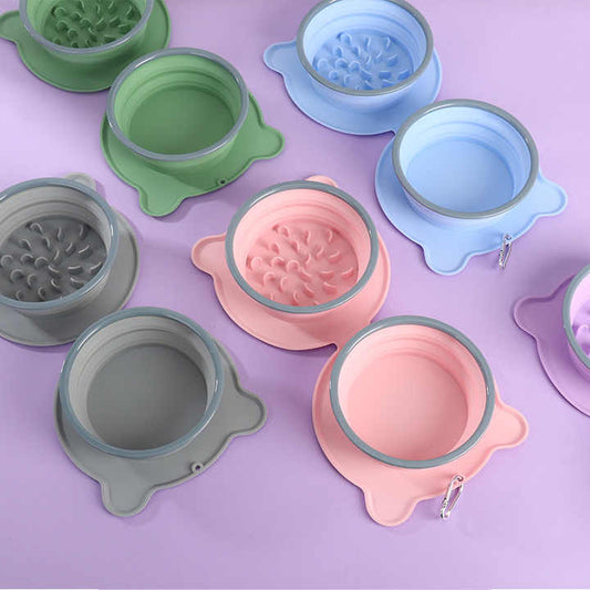 Green Portable Collapsible Pet Bowl Set - Food-Grade Silicone Double Bowl for Dogs & Cats, Anti-Slip & Easy to Clean